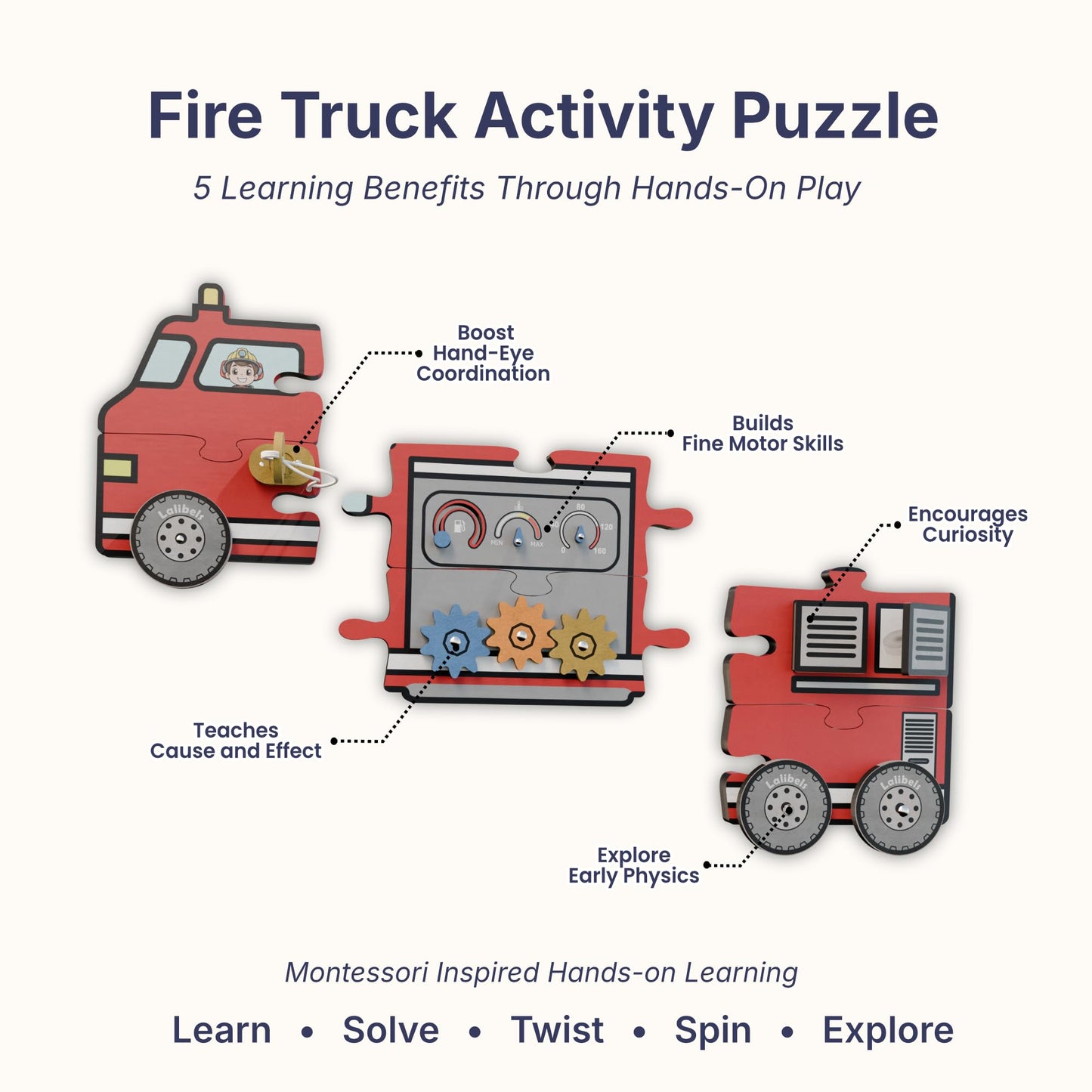 Lalibels Large Fire Truck Puzzle & Activity Toy for Toddlers 18 Months+, Montessori Fine Motor Learning Toy, Wooden Firetruck Birthday Gift for Boys