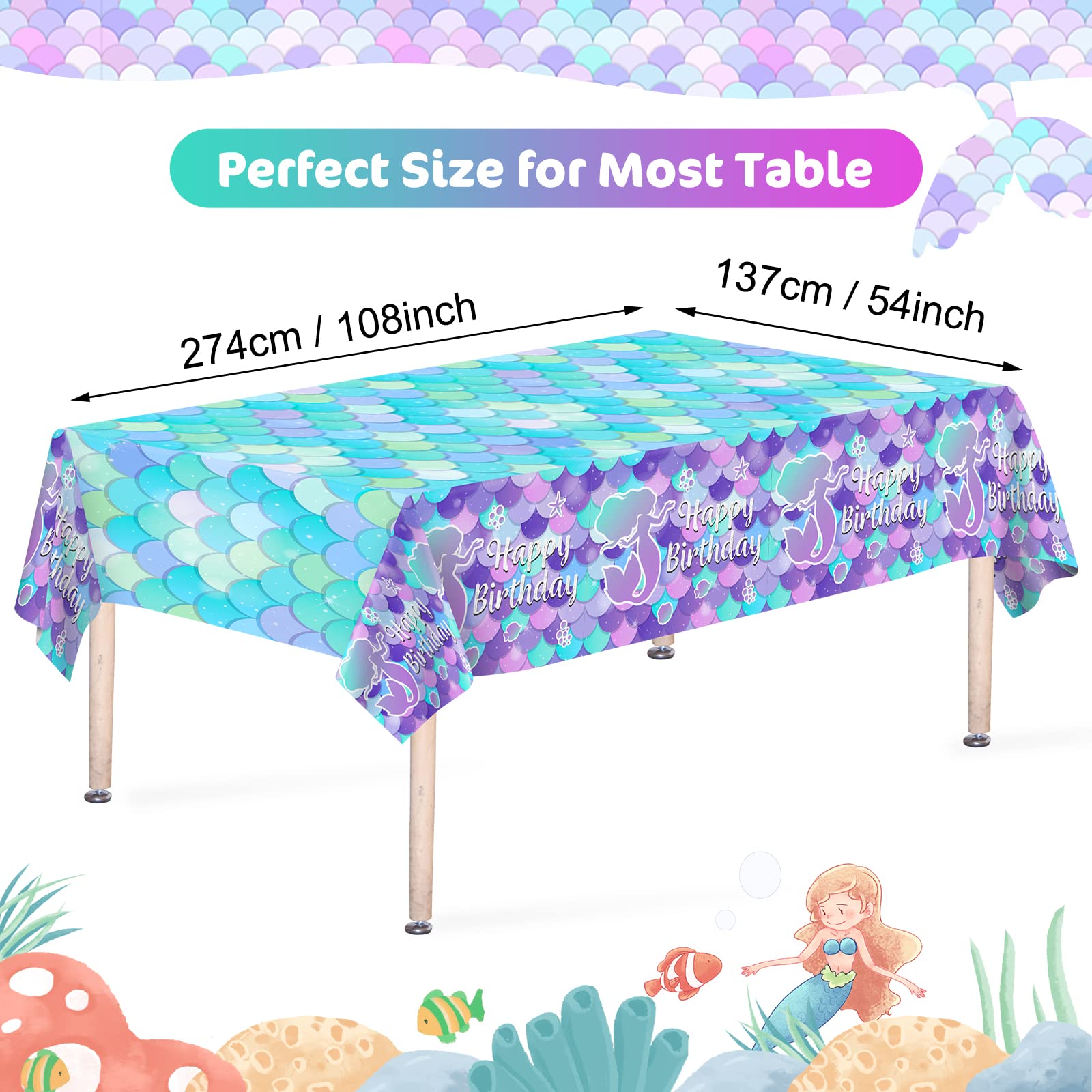 1 Pcs Mermaid Tablecloth-Happy Birthday Mermaid Table Cover, Disposable Plastic Rectangle Ocean Under The Sea Mermaids Table Cloth for Mermaids