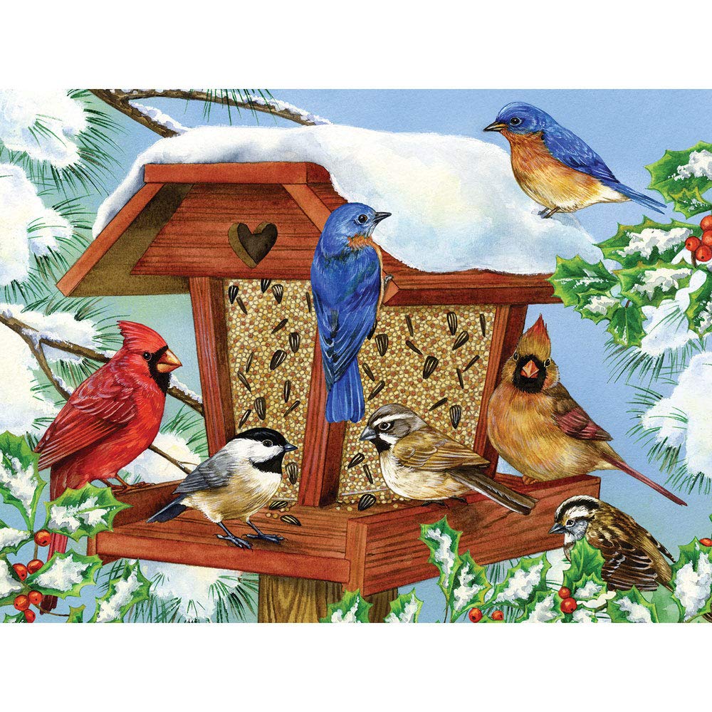 Bits and Pieces - 500 Piece Jigsaw Puzzle for Adults - Winter Birdfeeder - Bird Tree Snow Feeder Jigsaw Puzzle by Artist Greg Giordano, Completed