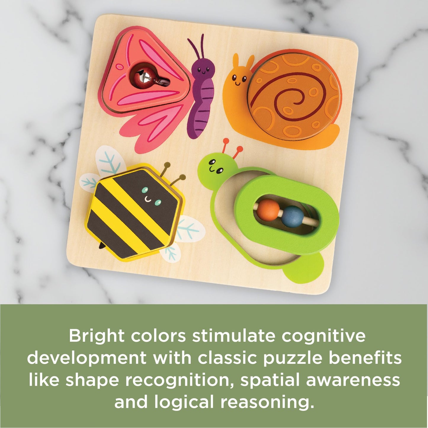 MindWare Sensory Sprouts Surprise Puzzle - Wooden Baby Puzzle with Mirror, Bells & Beads - Educational Toy for Infants & Toddlers 6+ Months Montessori