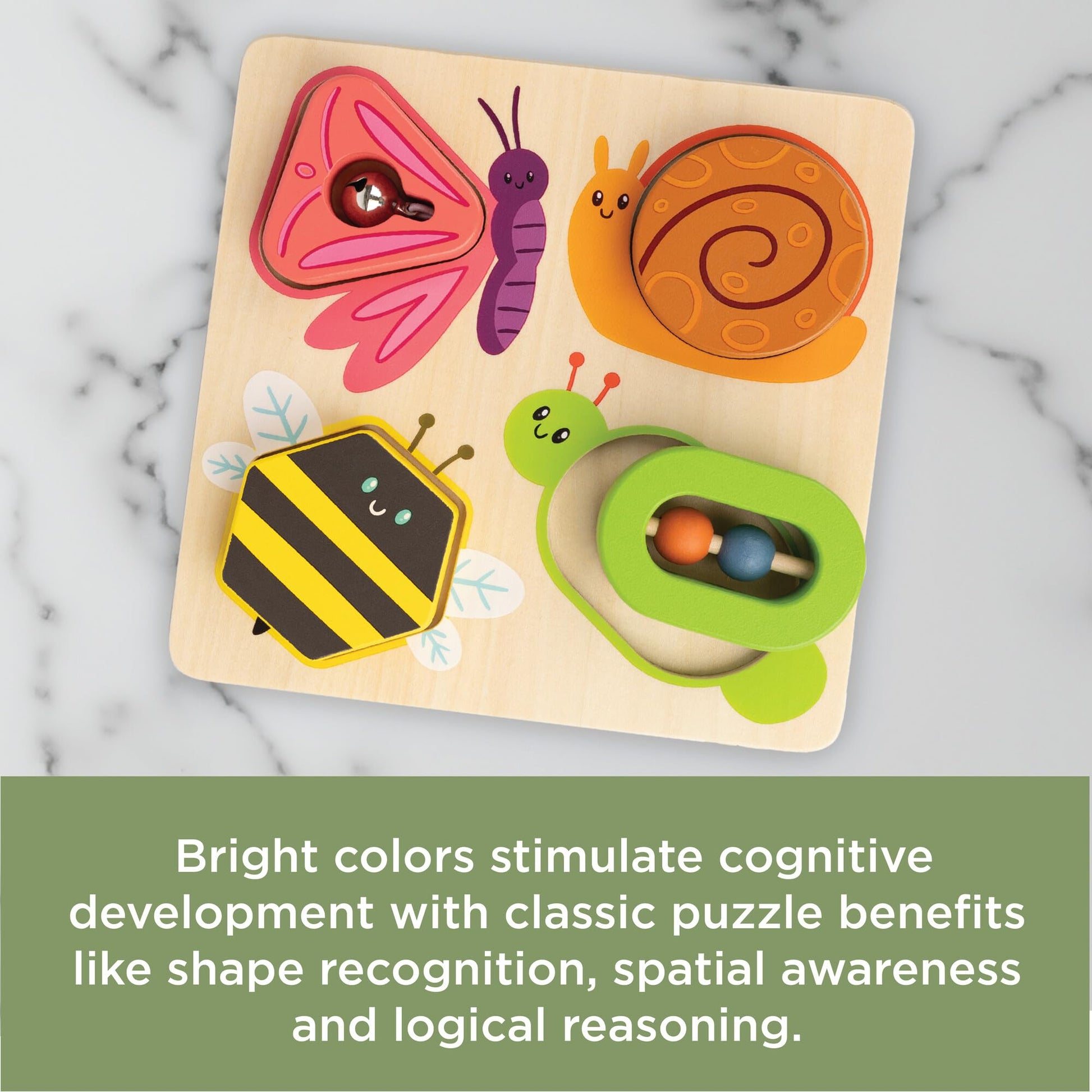 MindWare Sensory Sprouts Surprise Puzzle - Wooden Baby Puzzle with Mirror, Bells & Beads - Educational Toy for Infants & Toddlers 6+ Months Montessori