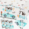 GREHUMOR 3Pcs Two Fast Race Car Birthday Tablecloth Decorations for Boys Blue Race Car Checkered Flags Table Cover Racing Wheel Plastic Rectangular