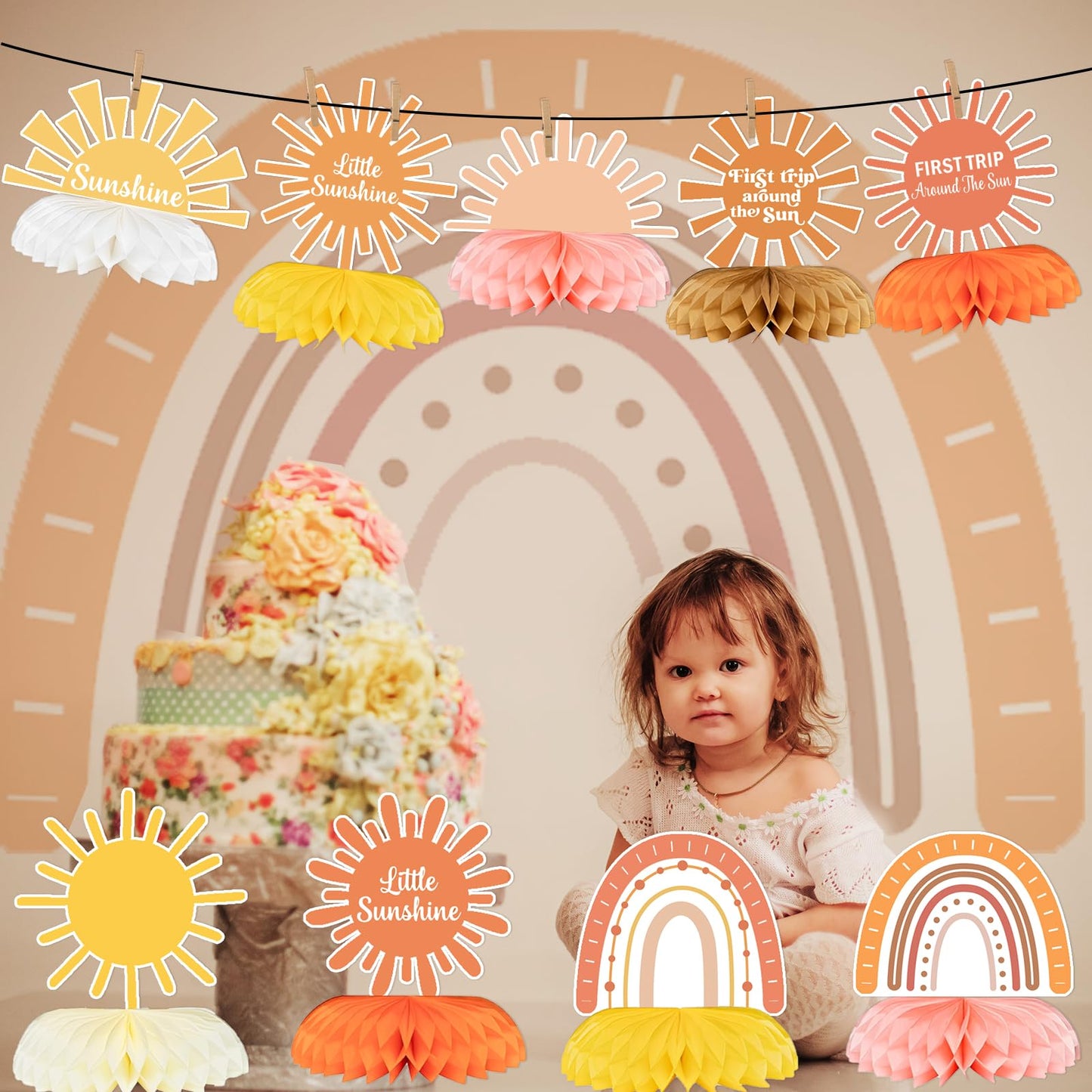 First Trip Around The Sun Decorations Honeycomb Centerpieces, Little Sunshine Table Toppers, Sun Birthday Party Decoration for Sunshine Baby Shower