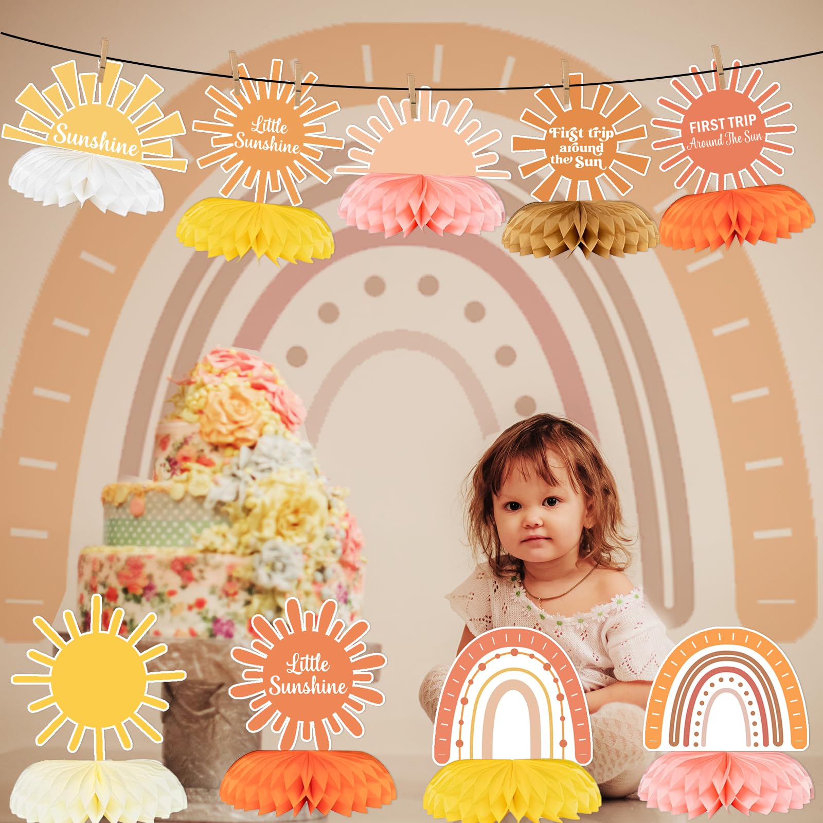 First Trip Around The Sun Decorations Honeycomb Centerpieces, Little Sunshine Table Toppers, Sun Birthday Party Decoration for Sunshine Baby Shower