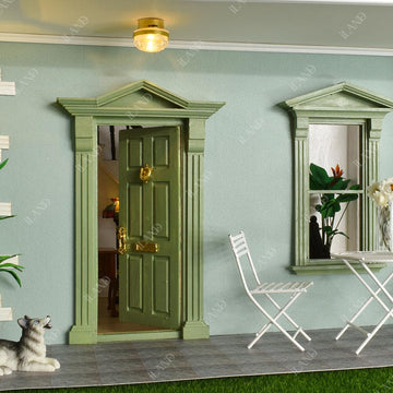iLAND Classic Wooden Dollhouse Door of 1/12 Scale Accessories, Dollhouse Building Supplies Set of Miniature Door with Trim, Handle & Knocker