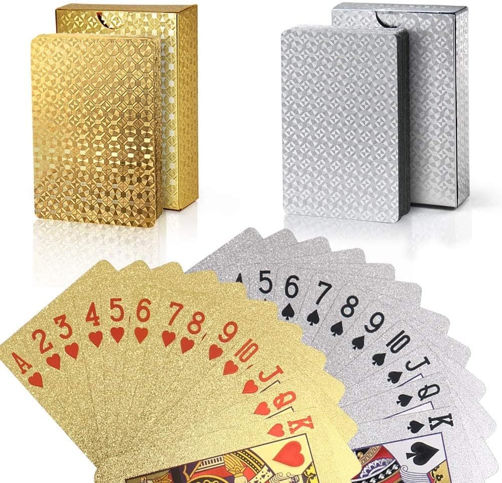 jcoral 2 Pack Diamond Playing Cards Gold Silver Poker Cards Waterproof Plastic Gold and Silver Foil Playing Cards Highly Flexible,2 Decks of Cards