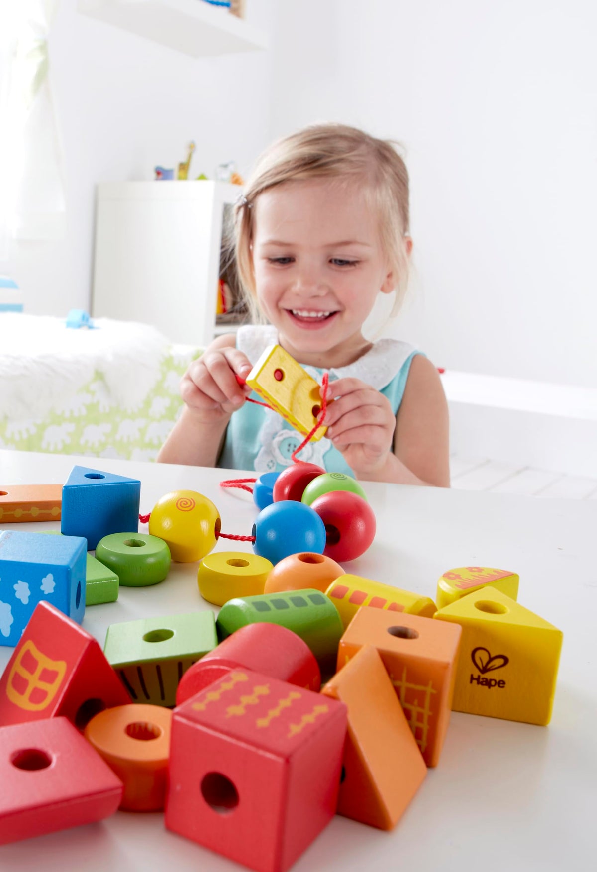 Hape String Shapes Wooden Toy Blocks in 32 Pieces, 3+ Years, Water Based Paint, String