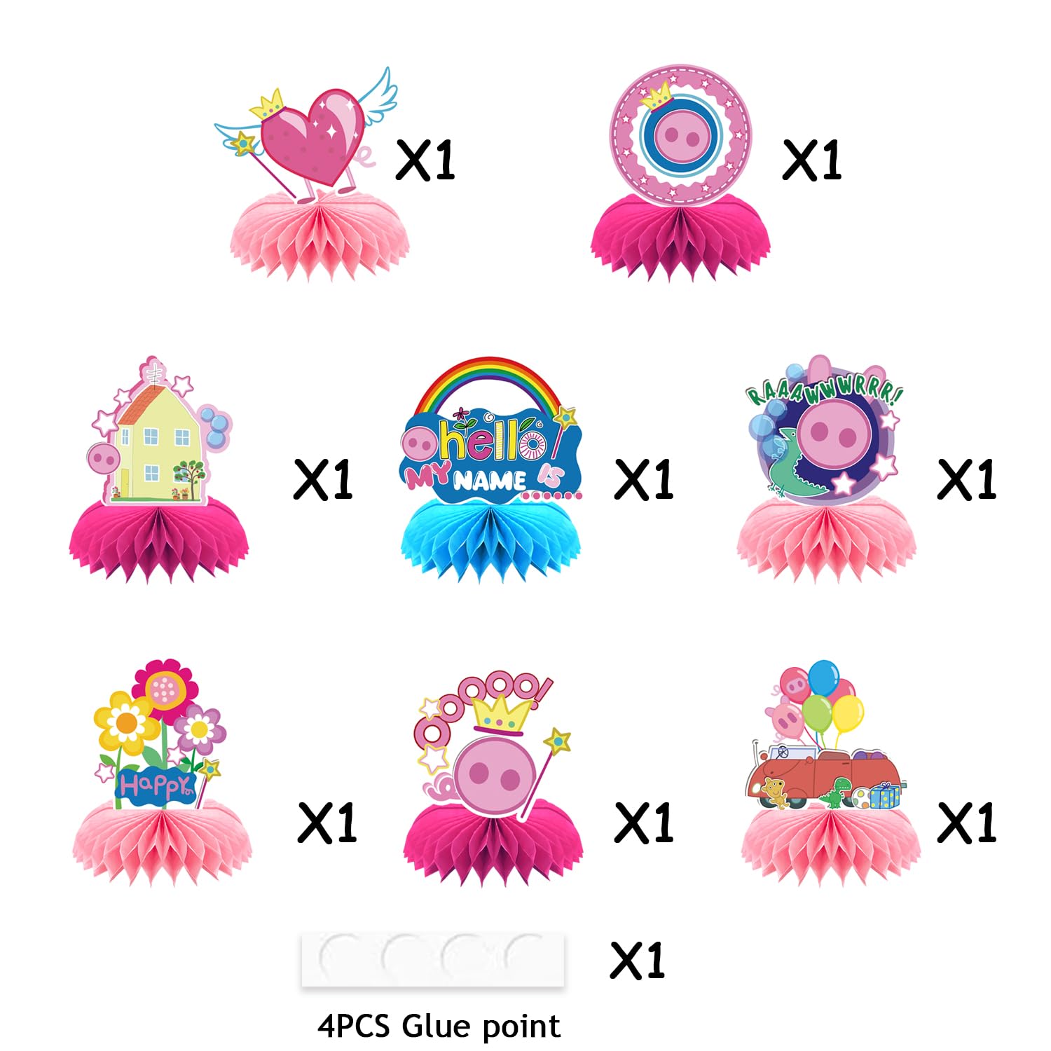 8Pcs Pink Pig Party supplies set Honeycomb Centerpieces Double Sided Table Topper for Birthday Decorations