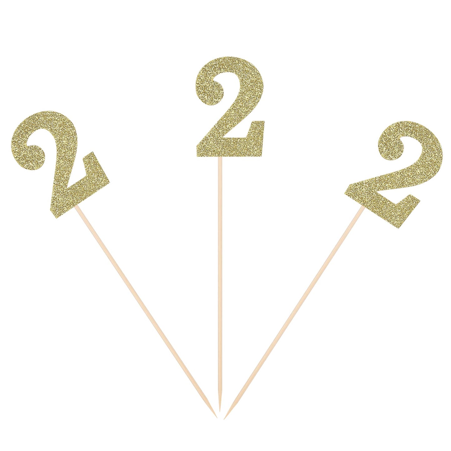 Second Birthday Centerpiece Sticks Gold Glitter Number 2 Party Table Toppers Flower Picks Anniversary Party Supplies - Pack of 10