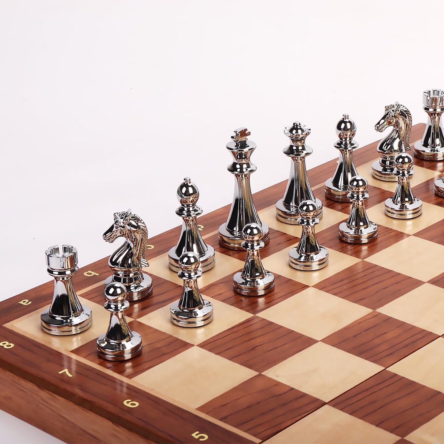 15-Inch Folding Chess Set, Wooden Board with Metal Pieces，Metal Bronze Chess Pieces, Travel Board Game with Extra 2 Queens (Gold and Silver)