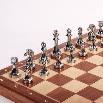 15-Inch Folding Chess Set, Wooden Board with Metal Pieces，Metal Bronze Chess Pieces, Travel Board Game with Extra 2 Queens (Gold and Silver)