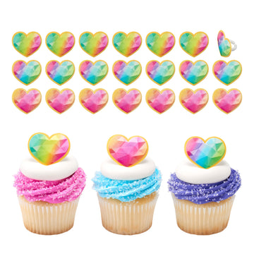 DECOPAC Rainbow Prism Heart Cupcake Rings, Cake Toppers, Multicolored Food Safe Decorations For Parties- 24 Pack