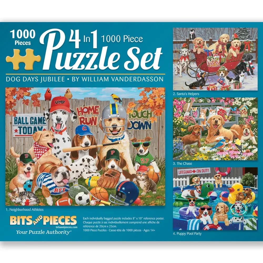 Bits and Pieces - 4-in-1 Multi-Pack 1000 Piece Jigsaw Puzzles for Adults - 'Dog Days Jubillee' Jigsaw Puzzle Set Bundle by William Vanderdasson