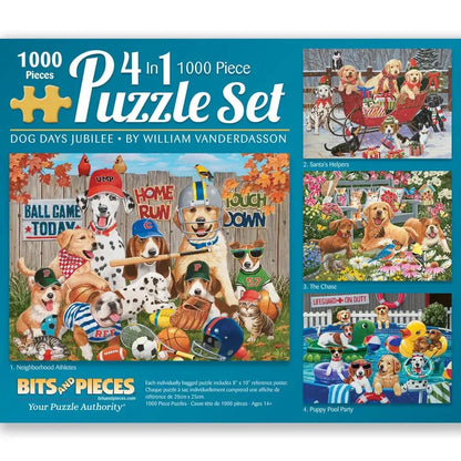 Bits and Pieces - 4-in-1 Multi-Pack 1000 Piece Jigsaw Puzzles for Adults - 'Dog Days Jubillee' Jigsaw Puzzle Set Bundle by William Vanderdasson