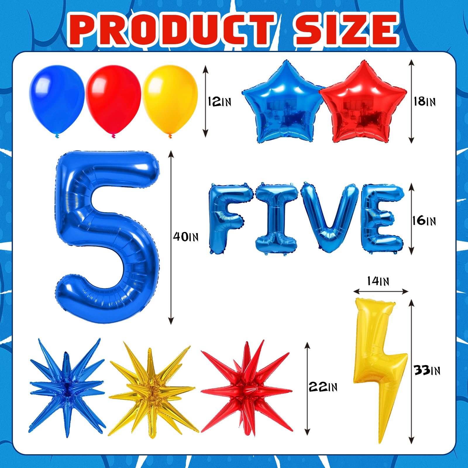 20pcs Cartoon Hedgehog Themed Party Decorations, Number 5 Red Blue Yellow Lightning Mylar Foil Birthday Balloons, 5th Boys Birthday Party Decorations