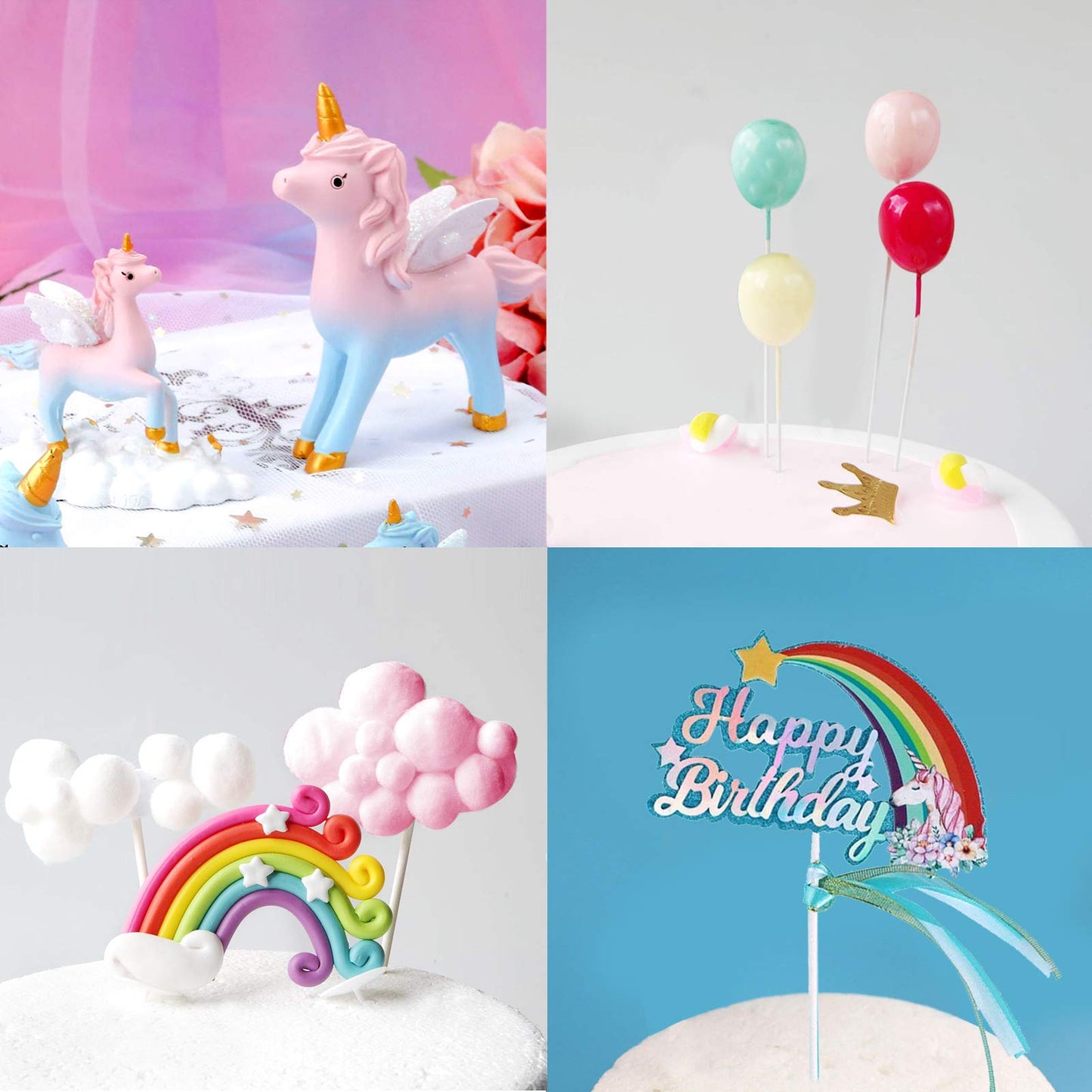 MOVINPE Unicorn Cake Topper, 2 Magic Unicorns Sculpture, 1 Rainbow, 1 Happy Birthday Banner, 2 Cloud, 4 Balloon, 12 Stars, 1 Moon, Cake Decoration