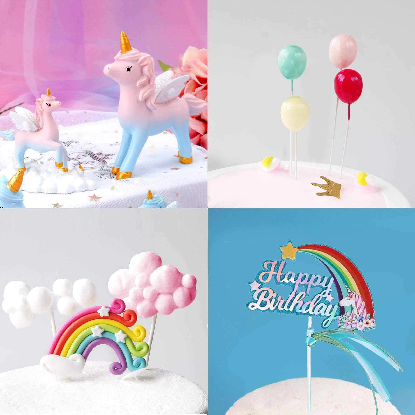 MOVINPE Unicorn Cake Topper, 2 Magic Unicorns Sculpture, 1 Rainbow, 1 Happy Birthday Banner, 2 Cloud, 4 Balloon, 12 Stars, 1 Moon, Cake Decoration
