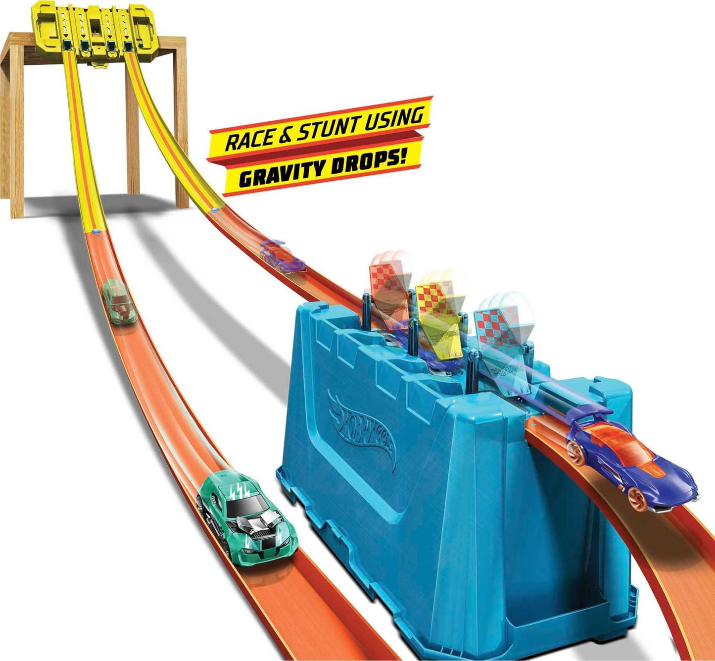Hot Wheels Toy Car Track Builder Playset, Multi-Lane Speed Box, 18 Component Parts with Storage & 2 1:64 Scale Vehicles