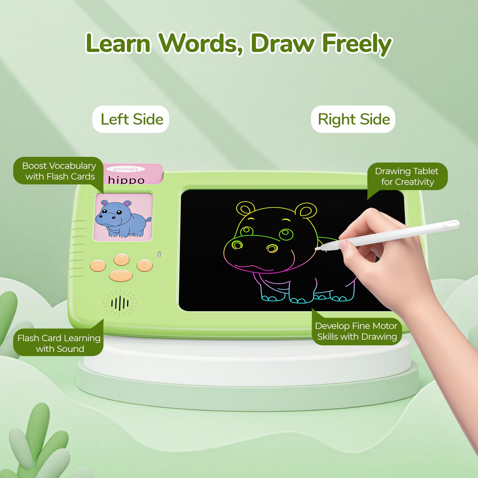 ZONSTVYS Talking Flash Cards for Toddlers: 2-in-1 LCD Writing Tablet, Green