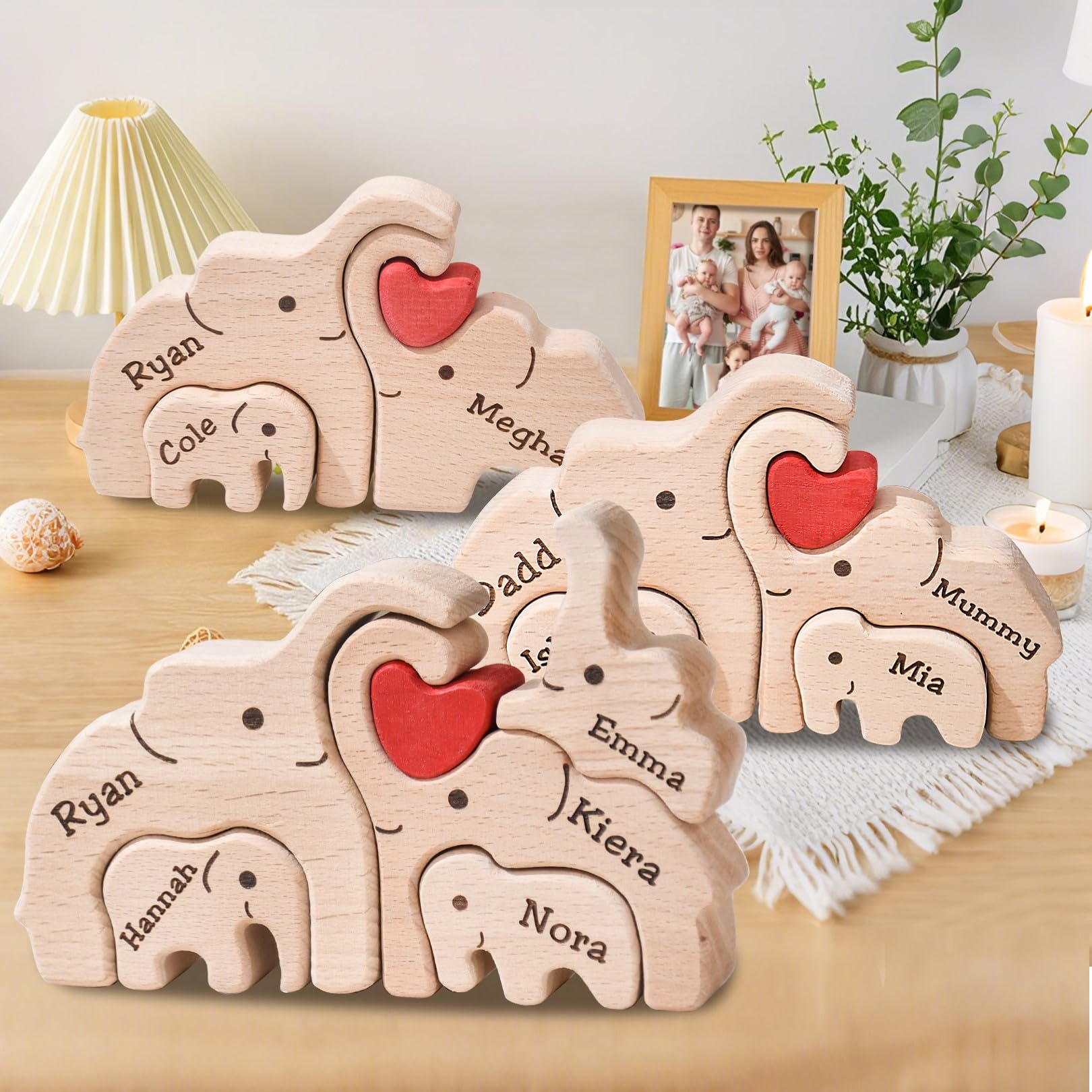 Personalized Bear Family Wooden Art Puzzle, Wooden Bear Jigsaw Puzzle with Heart, Customized Gift for Mom Dad Home Decoration (Popular Elephant Gift)