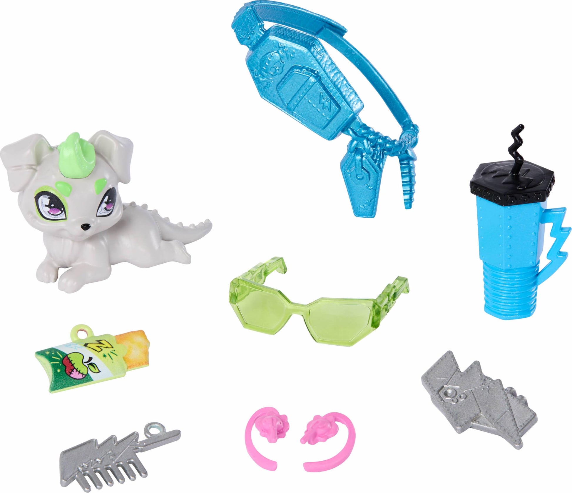 Monster High Doll, Frankie Stein in Cropped Sweater and Black Pleather Skirt with Pet Dog Watzie and 7 Accessories Like Earphones, Belt Bag and Snacks