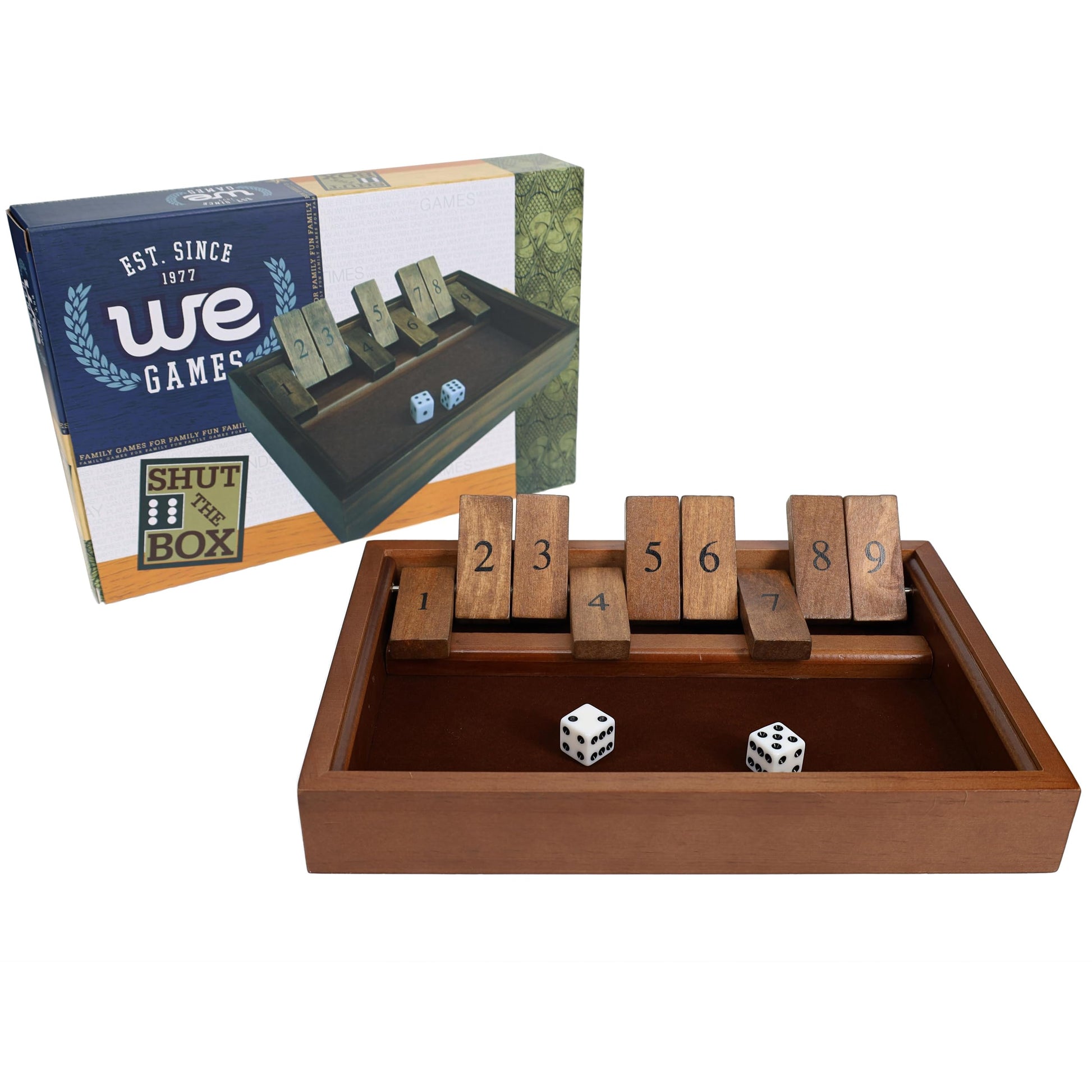 WE Games Shut the Box Game Wooden - 9 Number Flip Tiles with Dark Stained Wooden Box, Perfect for Game Night, Math Games, Clackers, Family Games
