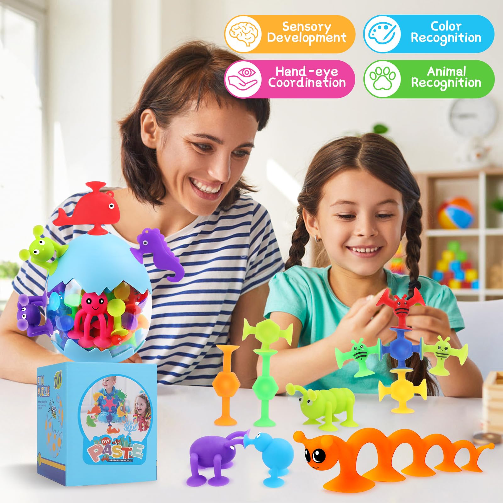 Auvitaya 30 PCS Suction Cup Toys, Baby Bath Tub Toy with Eggshell, Silicone Shower Toys for Age 4-8, Suction Cup for 3 4 5 6 7 Year Old Kids Toddlers