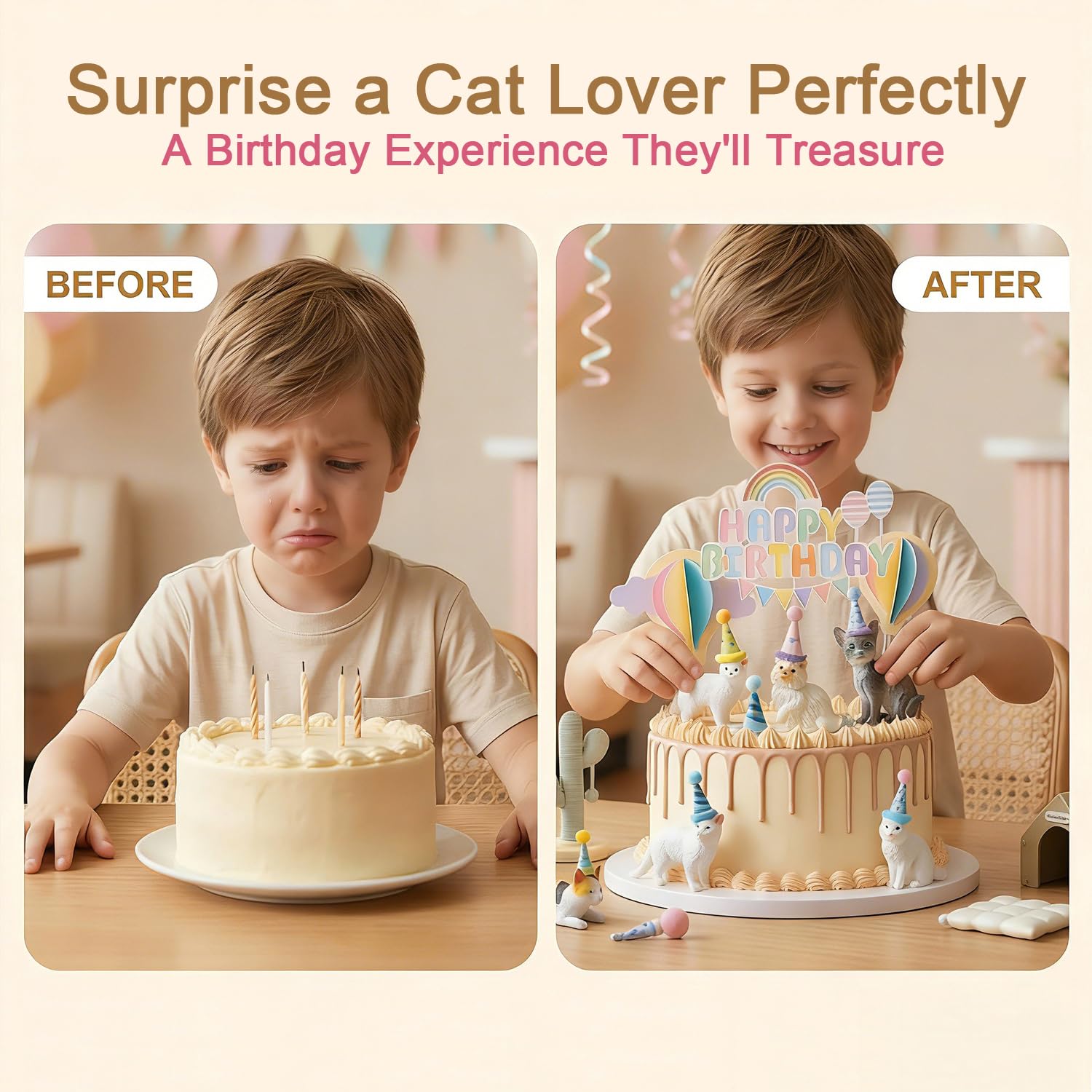 25 Pcs Cat Cake Topper Set - Resin Animal Figurines with Mini Party Hats, Cat Themed Birthday Decorations, Cupcake Toppers, Cat Lover Gifts, Desk