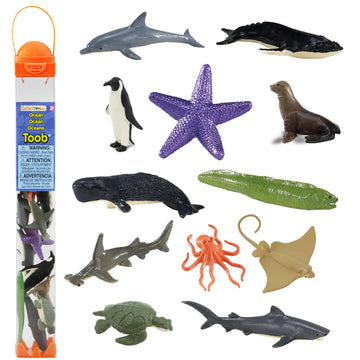 Safari Ltd. Ocean TOOB - 12 Mini Figurines: Sea Lion, Eagle Ray, Starfish, Turtle, Penguin, Octopus, Whales, Moray Eel, Sharks, and Dolphin