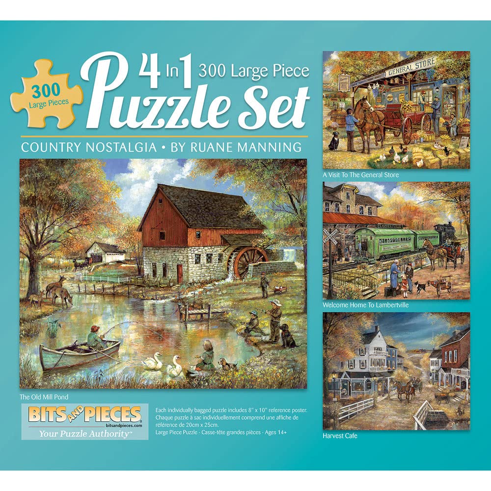 Bits and Pieces - 4-in-1 Multi-Pack 300 Piece Jigsaw Puzzles for Adults - Country Pond Harvest Café Home General Store Jigsaw Puzzles by Artist Ruane