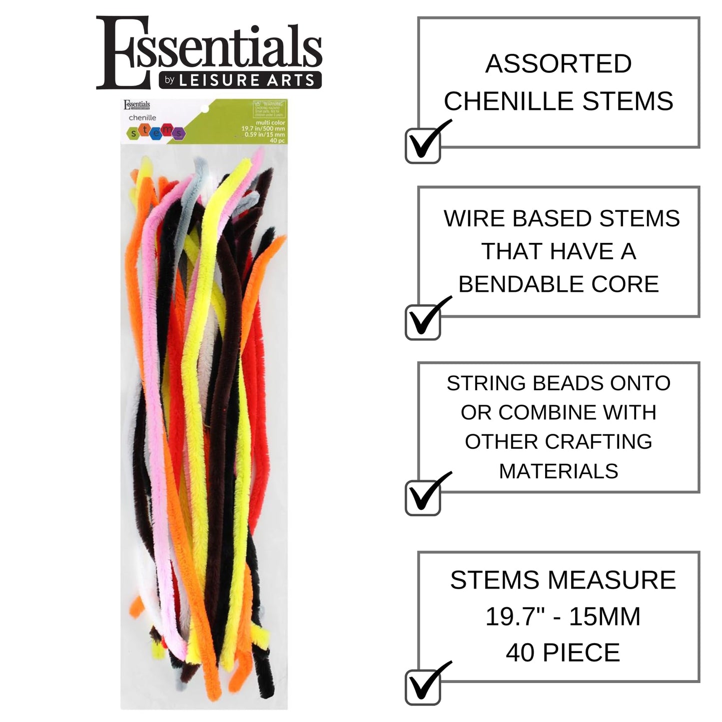 Essentials By Leisure Arts Extra Long Chenille Stems 19.7 Inch 15mm, Bendable Craft Pipe Cleaners for Large DIY Projects, Sculptures, and Decorations