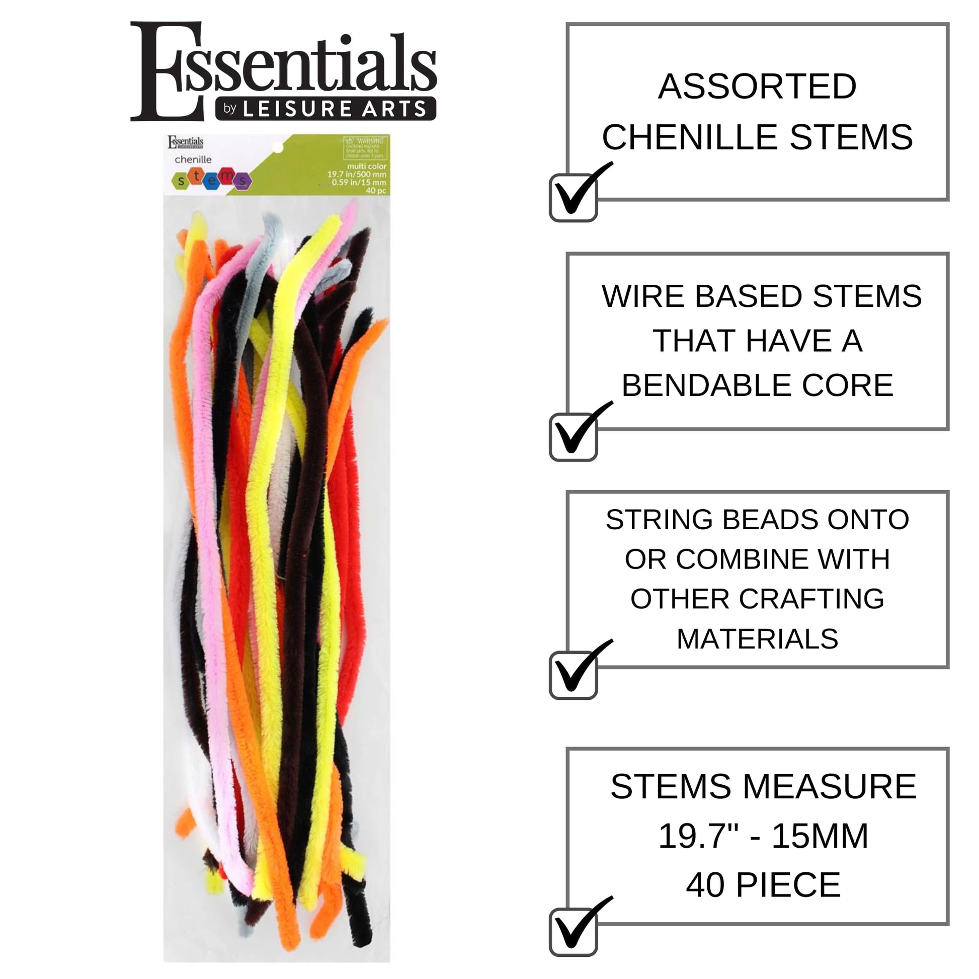 Essentials By Leisure Arts Extra Long Chenille Stems 19.7 Inch 15mm, Bendable Craft Pipe Cleaners for Large DIY Projects, Sculptures, and Decorations