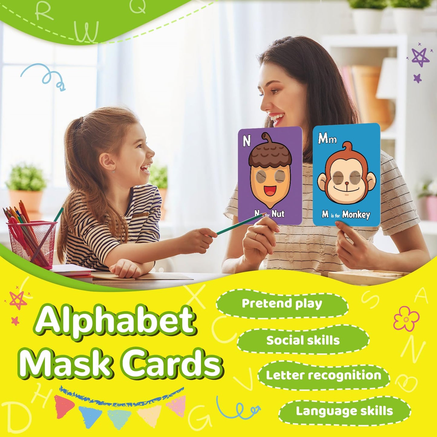 Broytain Alphabet Flash Cards,Giant ABC Animal Flash Cards for Toddler 3-5,26 Lowercase and Uppercase Letter Cards,Educational Learning Games
