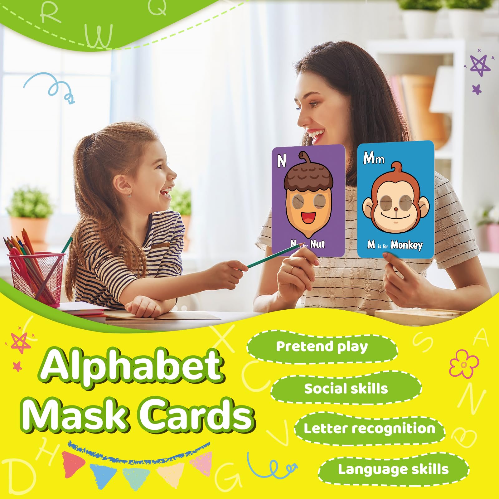 Broytain Alphabet Flash Cards,Giant ABC Animal Flash Cards for Toddler 3-5,26 Lowercase and Uppercase Letter Cards,Educational Learning Games
