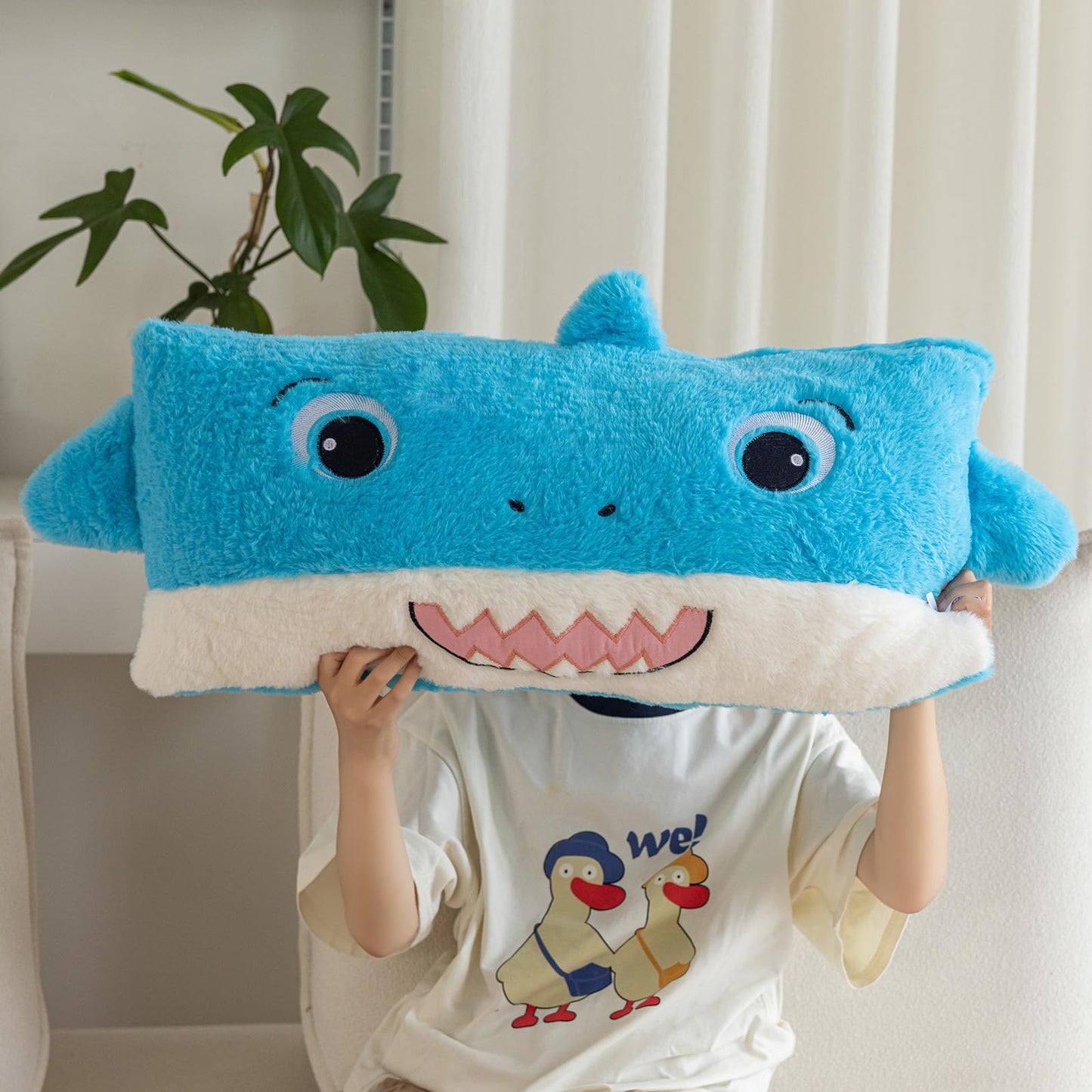 Snugtown Stuffed Animal Lumbar Pillow, Super Soft Plush Cuddle Throw Pillow for Kids, Cute Shark Shaped Pillow, 12 x 24 Inches, Baby Blue