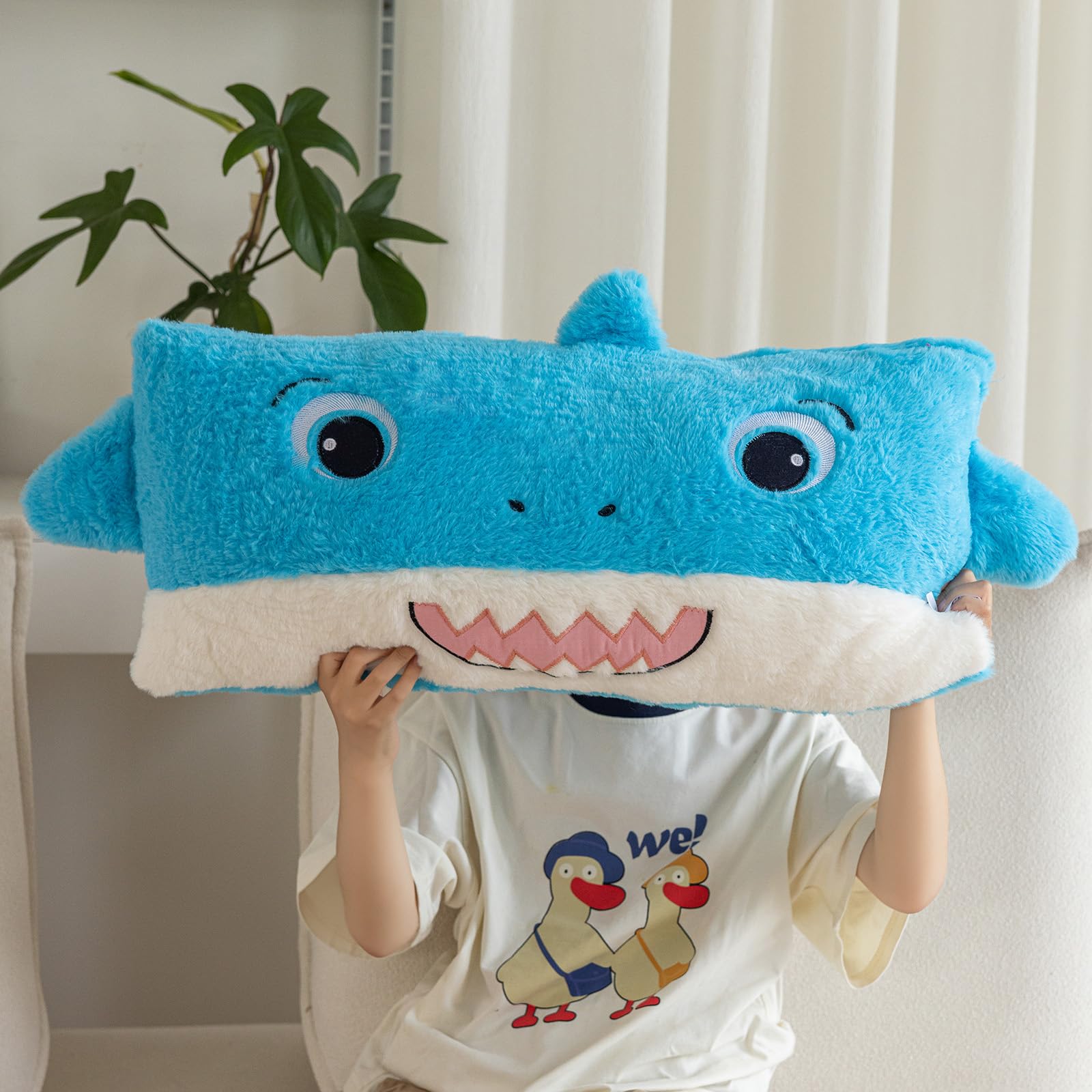 Snugtown Stuffed Animal Lumbar Pillow, Super Soft Plush Cuddle Throw Pillow for Kids, Cute Shark Shaped Pillow, 12 x 24 Inches, Baby Blue