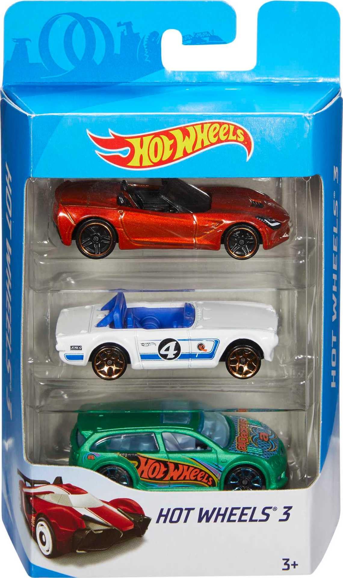 Hot Wheels 3 Car Pack, Multipack of 3 Vehicles, Instant Starter Set, Collection of 1:64 Scale Toy Sports Cars, Rolling Wheels, for Kids 3 Years & Up