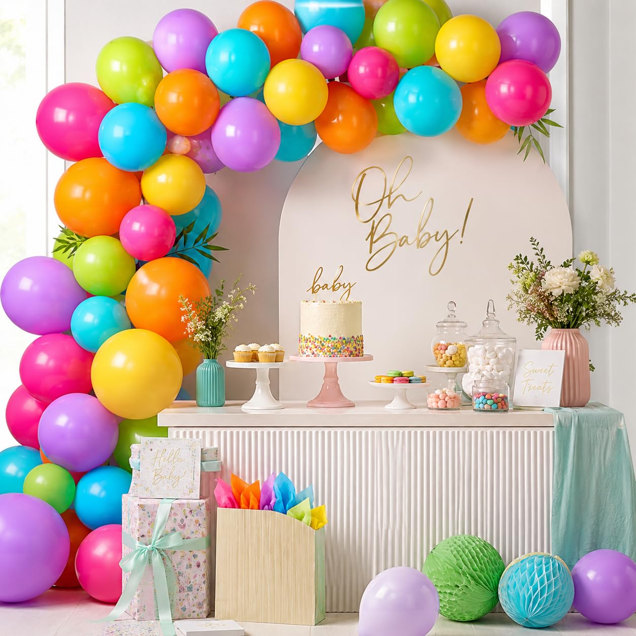 Rainbow Balloons, 50PCS Colorful Tropical Balloons Arch Neon Balloon in Blue Green Purple Yellow Orange Hot Pink Bright Color Balloon for Birthday