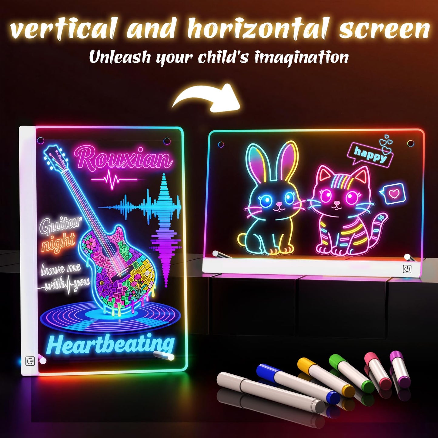 14'' LED Drawing Board for Kids with 7 Colors & 3 Modes, Neon Art Light Up drawing board with Battery Case, Doodle Magic lumiboard Writing Tablet