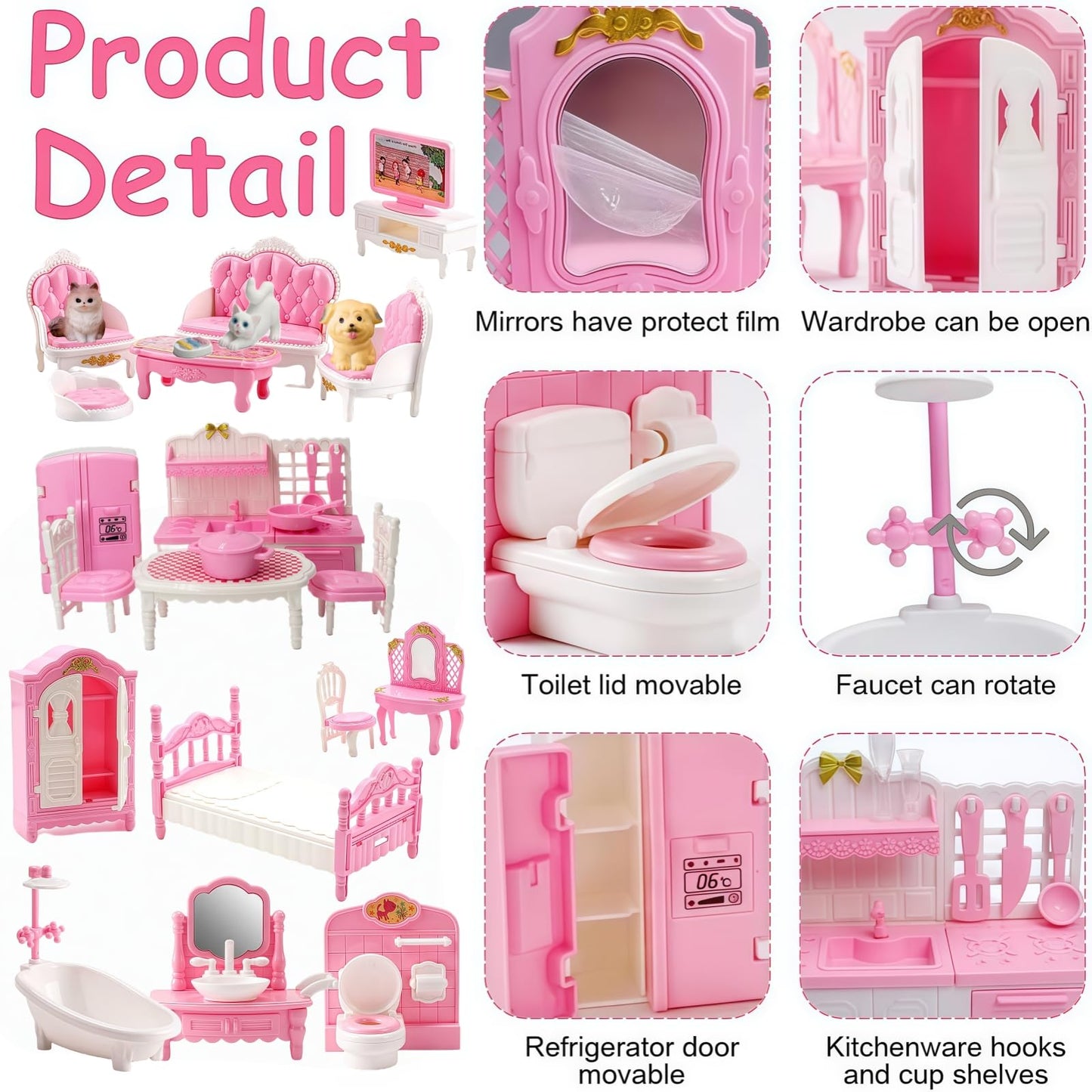 Xadothat Dollhouse Furniture Set, Complete Room Collection with Kitchen, Dining, Living Room, Bedroom and Bathroom Accessories, Plastic (36-Piece