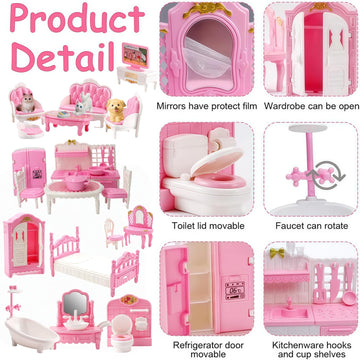 Xadothat Dollhouse Furniture Set, Complete Room Collection with Kitchen, Dining, Living Room, Bedroom and Bathroom Accessories, Plastic (36-Piece