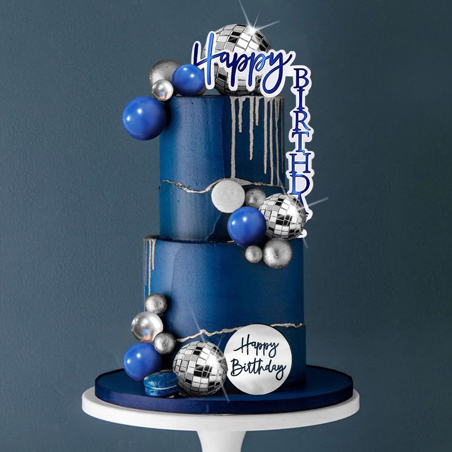 Man Cake Topper Blue Silver Disco Ball Boho Cake Topper Decorations for Navy Blue Boho Wedding Man Birthday (Blue 02)