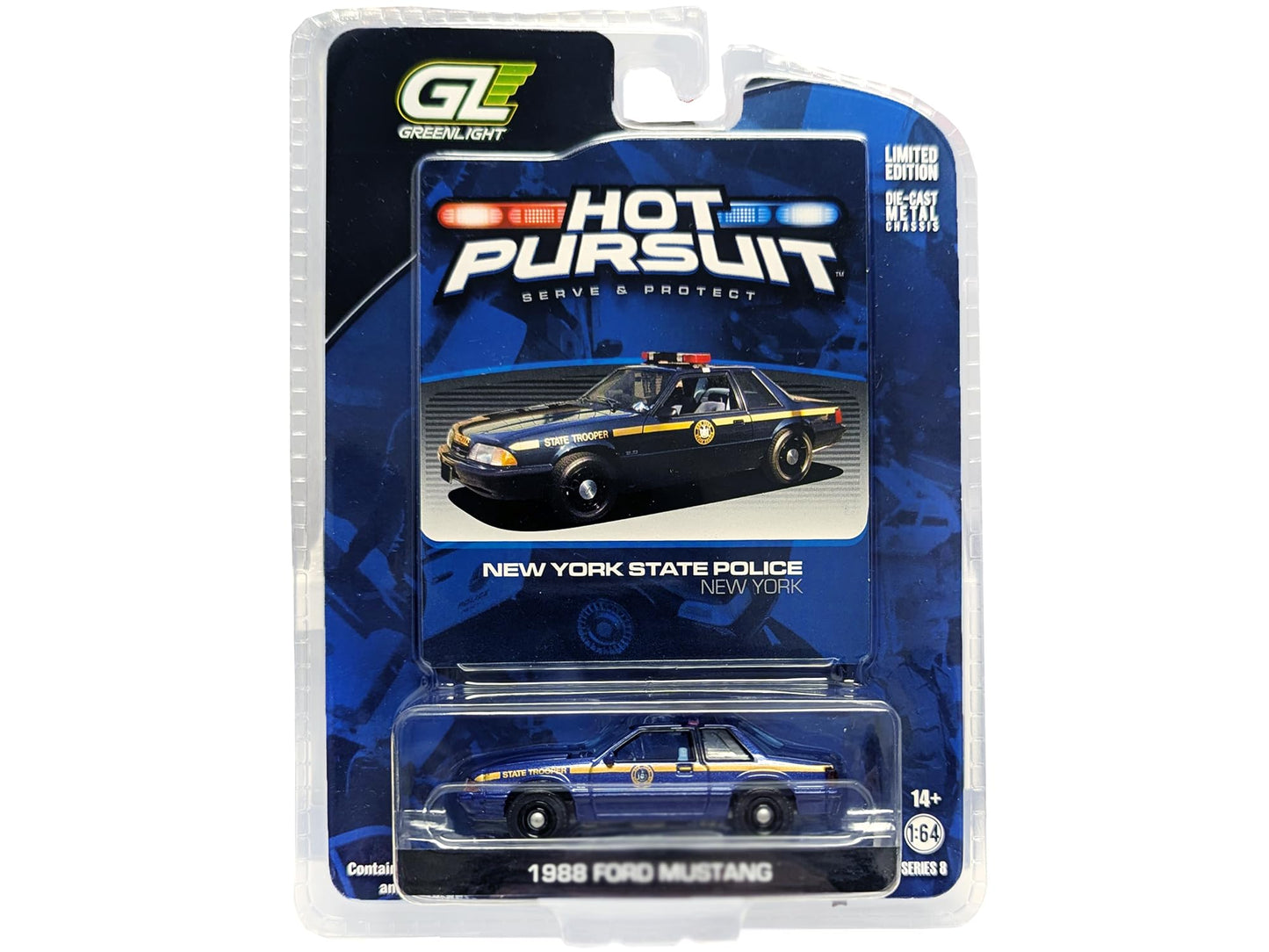 1988 "New York State Police Blue with Yellow Stripes and Blue Interior Hot Pursuit Series 8 1/64 Diecast Model Car by Greenlight 42650A