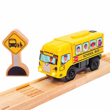 Motorized School Bus for Wooden Track - Yellow Schoolbus Themed Battery Operated - Includes Wooden Bus Stop Sign - Electric Powered Engine Toy