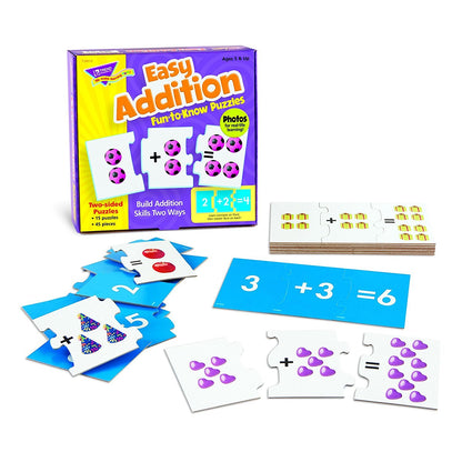 TREND ENTERPRISES: Fun-to-Know Puzzles: Easy Addition, Learn to Add & Solve Basic Equations, 15 Three-Piece Two-Sided Puzzles, Self-Checking, 30