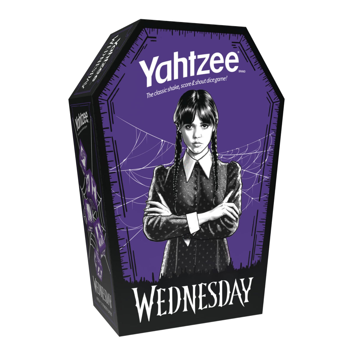 Yahtzee: Wednesday Dice Game, Collectible Flocked Interior Coffin Dice Cup, Classic Game Based on Addams Family Character Wednesday Addams, Officially