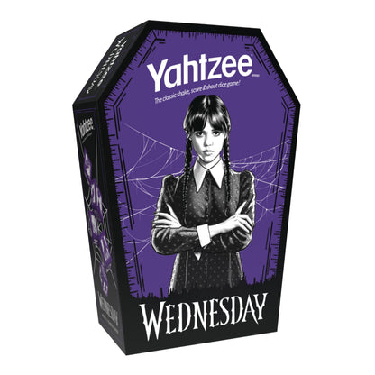 Yahtzee: Wednesday Dice Game, Collectible Flocked Interior Coffin Dice Cup, Classic Game Based on Addams Family Character Wednesday Addams, Officially