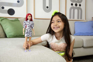 Barbie Fashionistas Doll #168 with Smaller Bust & Long Red Hair, Zebra-Striped Dress & Accessories Including Large Hoop Earrings & Slip-on Shoes