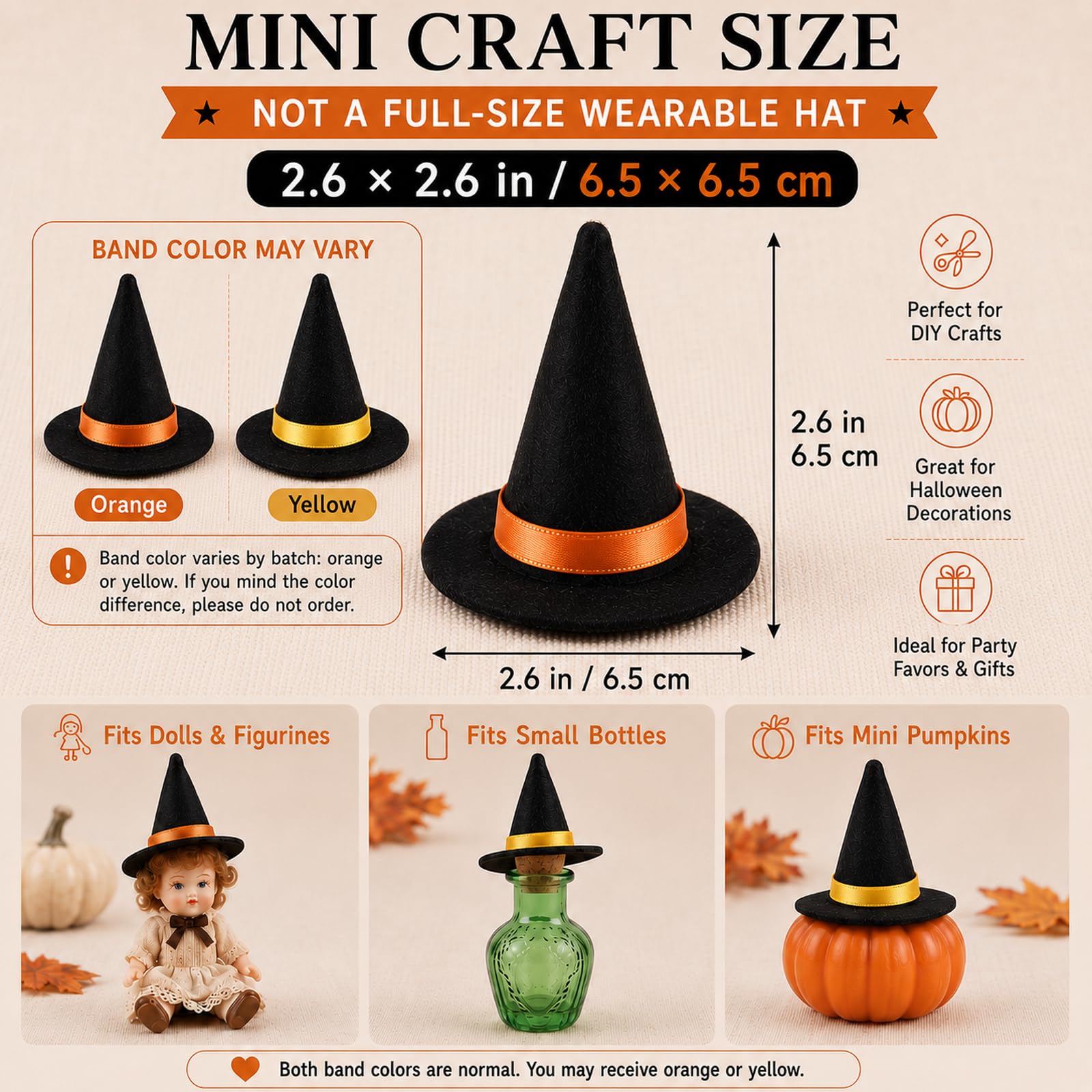 Oarkive Mini Witch Hats for Crafts - 6PCS Small Felt Witch Hat Decorations with Orange or Yellow Bands, Miniature Witch Hats for Halloween Decor, DIY