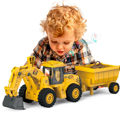 Excavator Toy with Cargo Bin, 1:18 Scale Construction Vehicle for Kids, Inertia-Powered Push-and-Go, Lights & Sounds, Working Digger Arm